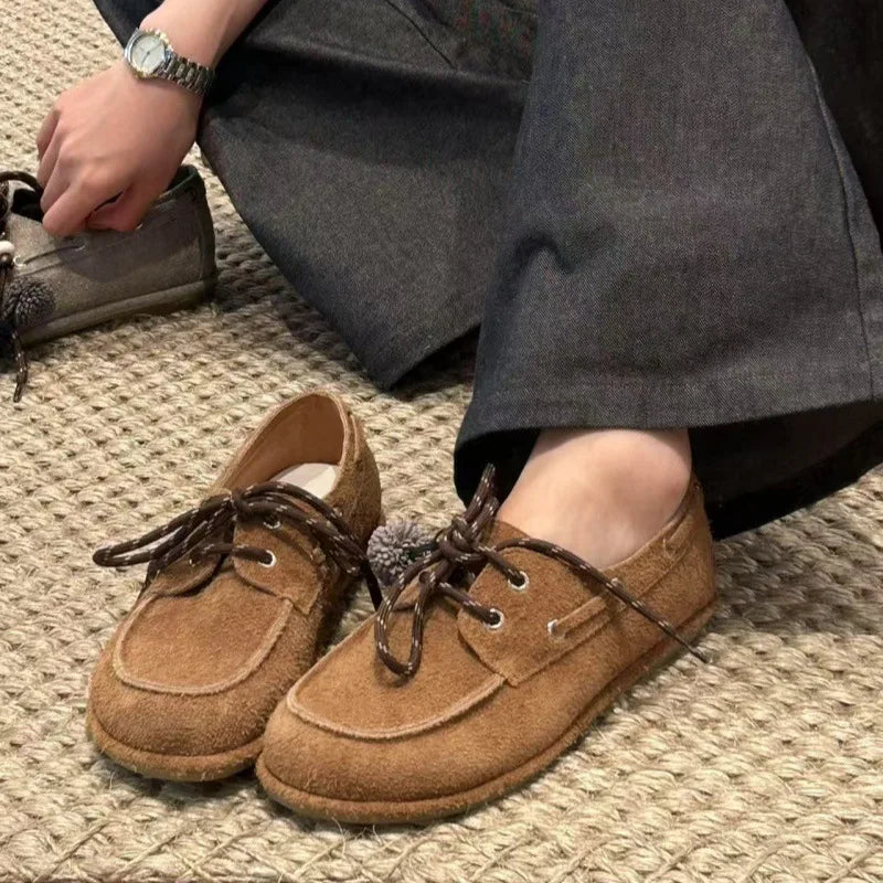 Round Toe Loafers Cow Suede Lace Up Flat Shoes Casual Versatile Doudou Shoes Soft Soled Lady Shoes