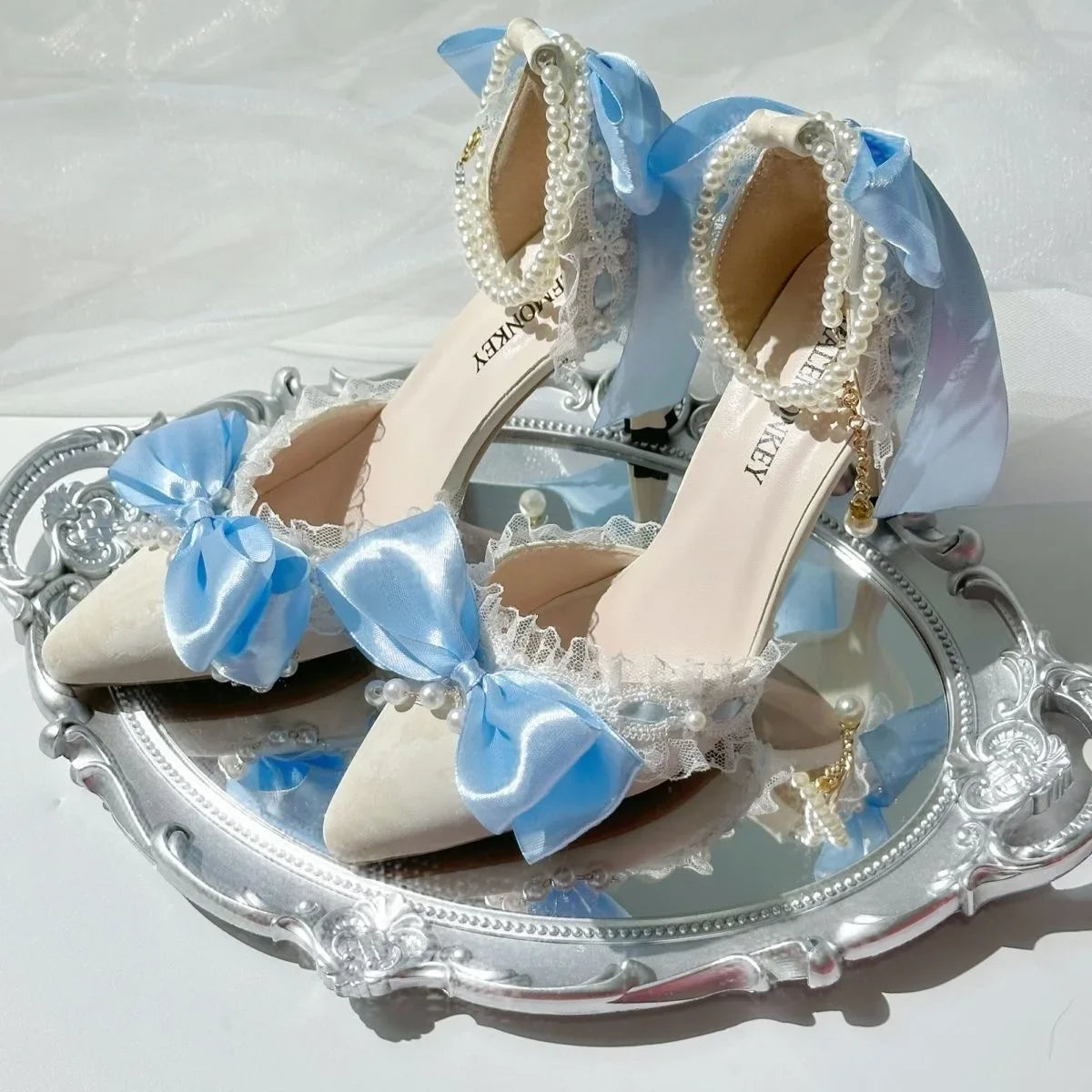 Party Shoes Woman Trend Blue High Heels Woman Pearl Lolita Shoes Y2K Heel Mary Jane Slingback