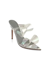 Twist Bow Pvc Sandals Silver Patent Leather Hollow Pointed Toe Slip On Stiletto Heels Lady Casual Party Shoes