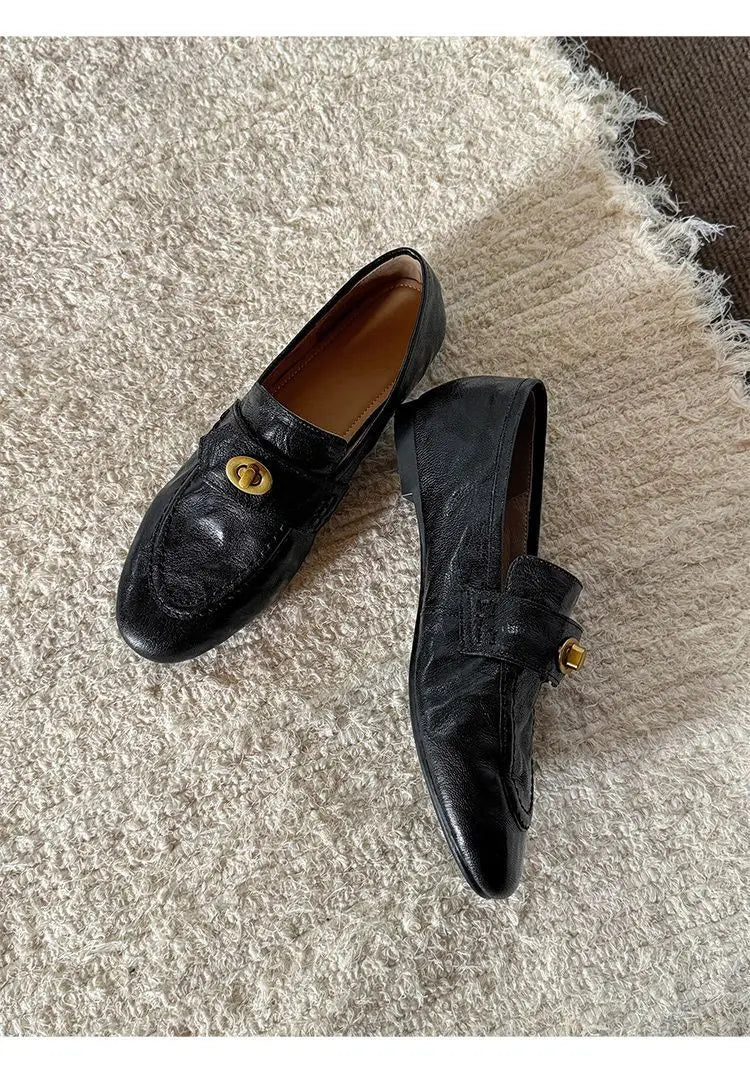 Genuine Calfskin Slip On Round Toe Square Heel Shallow Casual Outdoor Shoes