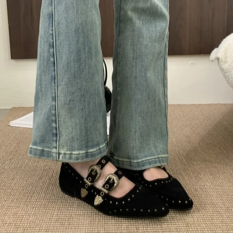 Rivets Pointed Toe Mary Jane Shoes High Quality Double Belt Buckle Design British Style Casual Flat Shoes