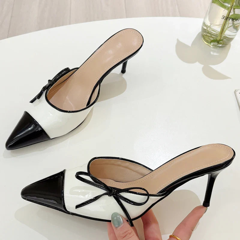 Butterfly-knot Pointed Toe Mule Slippers Elegant Thin Heels Party Dress