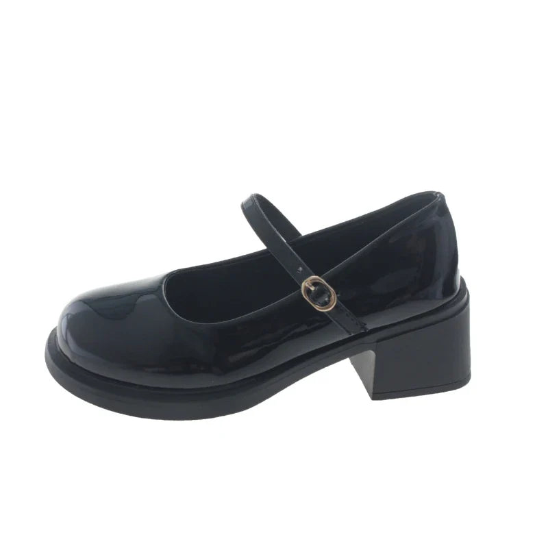 Mary Jane Shoes Simple Glossy PU Causal Uniform Low-heeled Shoes Versatile Lolita Pumps