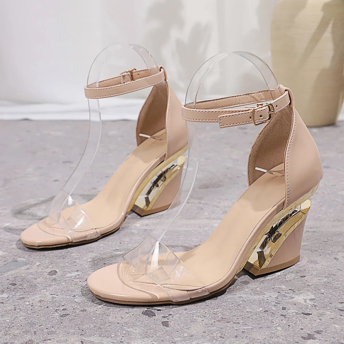 Hemegot Wedges High Heels Crystal Transparent Heel Pvc Strap Buckle Black Color Shoes Dressing Salto