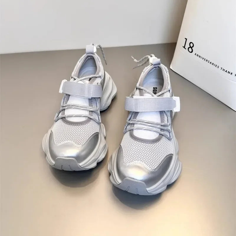 Breathable Mesh Hollow Out Thick Bottom Casual Sports Shoes Thin Mary Jane Shoes Magic Tape Leisure Sports Shoes