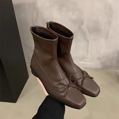 Brown Bow Back Zipper Ankle Boots Point Flat Head Square Heel Shoes Chic Sewing Thread Boot