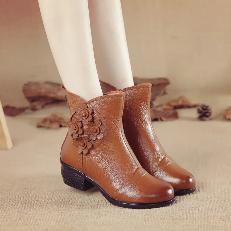 Casual Pu Leather Shoes Ethnic Style Flower Ankle Boots Soft Sole