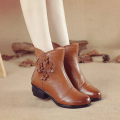 Casual Pu Leather Shoes Ethnic Style Flower Ankle Boots Soft Sole