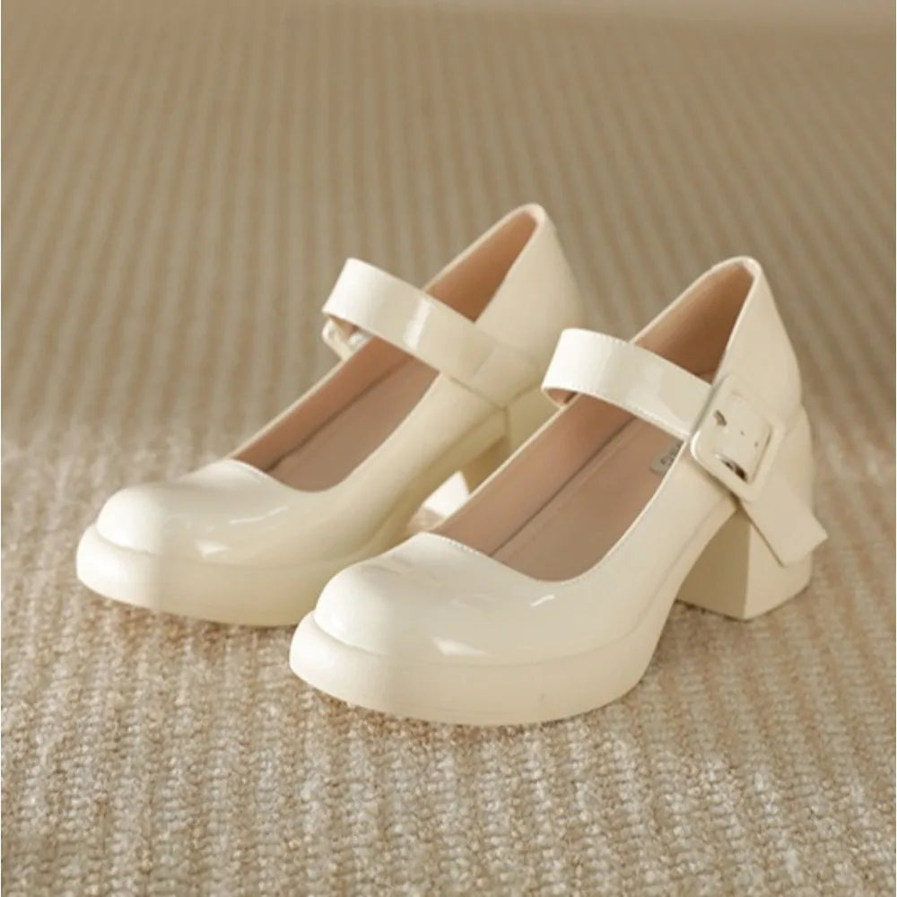 High Heels Word Belt Mary Jane Single Shoes Thick Heel Light Mouth Buckle High Heel Leather Shoes