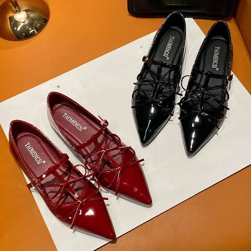 Pointed Toe Metal Buckle Bow T Strap Mary Jane Flats Elegant Banquet Dress Design Comfortable Single Shoes