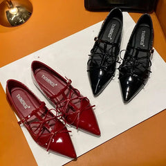 Pointed Toe Metal Buckle Bow T Strap Mary Jane Flats Elegant Banquet Dress Design Comfortable Single Shoes