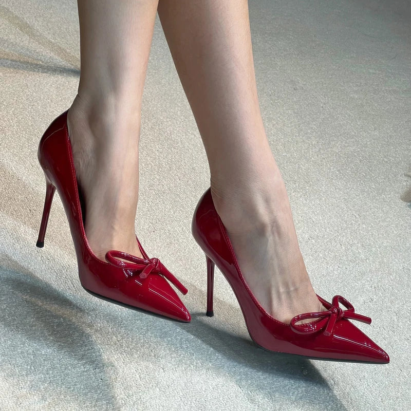 and pointed patent leather rhinestone bow shoes thin high-heeled banquet dress small size sandals