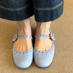 Retro Rhinestone Buckle Ballet Flas Hollow Comfort Shallow Soft Sole Round Toe Mary Jane Shoes