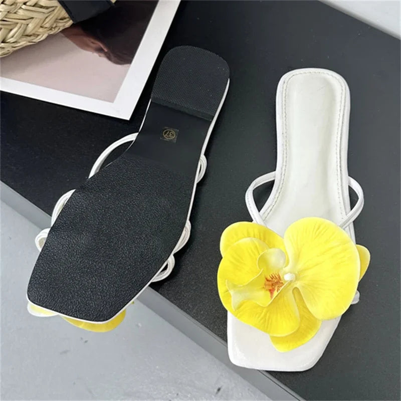 Flower Narrown Band Low Heels Slippers Square Toe Casual Beach Shoes Size 35-43