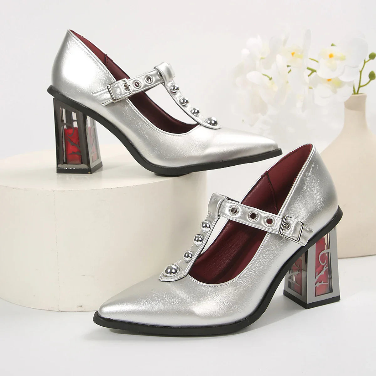 Punk Elegant Pointed Toe High Heels Pumps Trendy Thick Rose Heeled Woman Y2K T-Strap Mary Jane Shoes