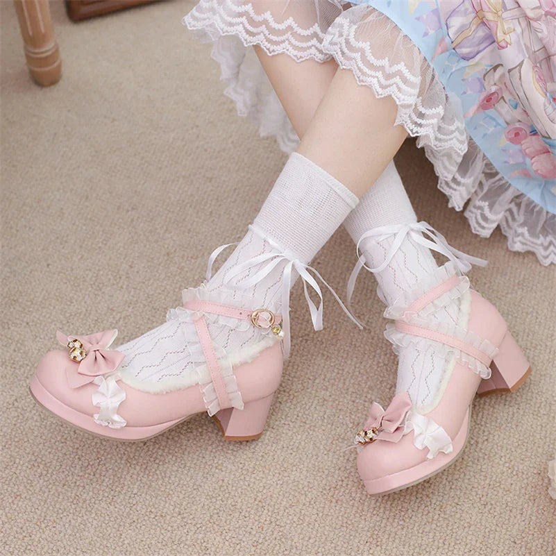 Lolita Pumps Round Toe Thick Mid Heels Cross Strap Buckle Bow Kawaii Cosplay Shoes Beige 46