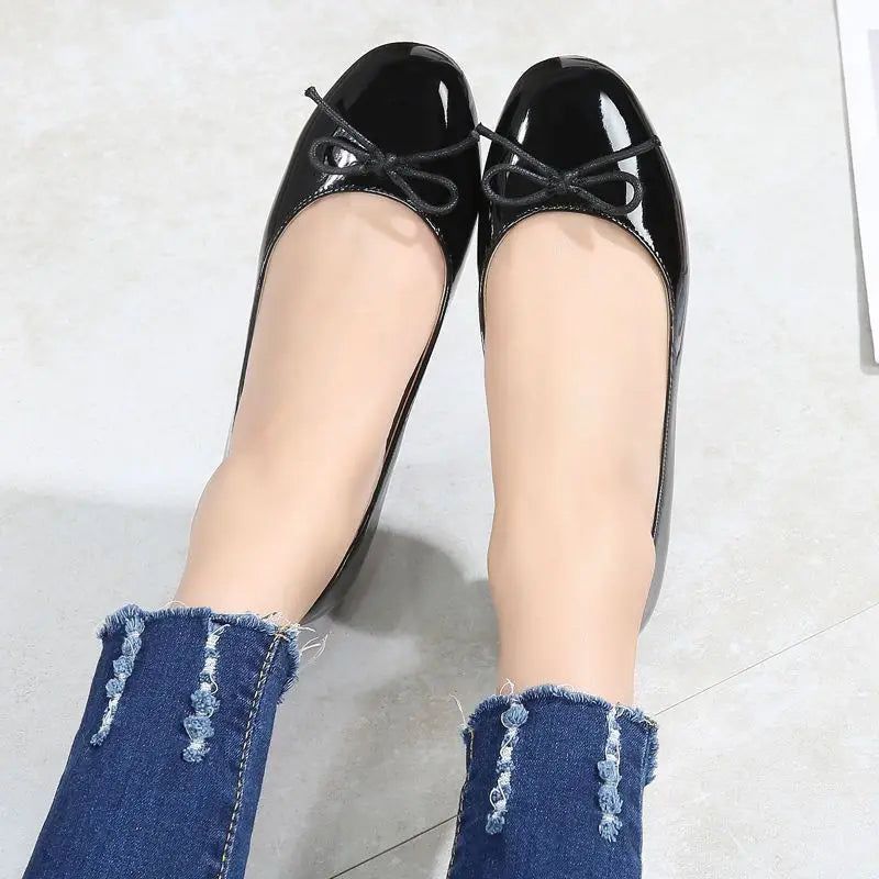 Round Toe Burgundy Cherry Red Ballet Shoes High Low Heel Bow Pumps Low Top Flat Patent Leather Small Red Shoes