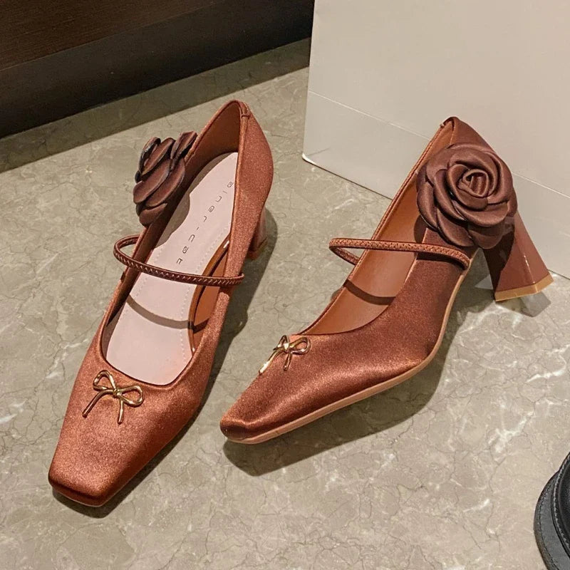 Novelty Side Flower Design Chunky Heel Pumps Elegant Bow Decoration Square Toe High Heels Black Mary Jane Shoes