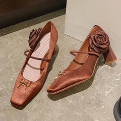 Novelty Side Flower Design Chunky Heel Pumps Elegant Bow Decoration Square Toe High Heels Black Mary Jane Shoes