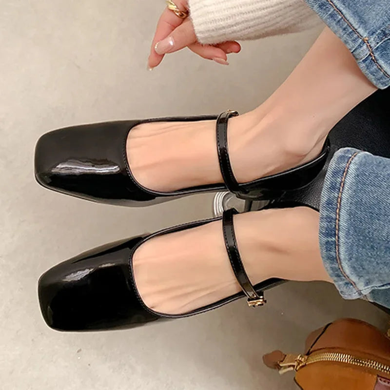 Patent Leather Square Toe Buckle Strap Sandals Low Heels Party