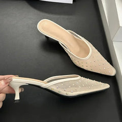 Mesh Rhinestone High Heels Breathable Pointy Toe Shallow Mouth Slippers