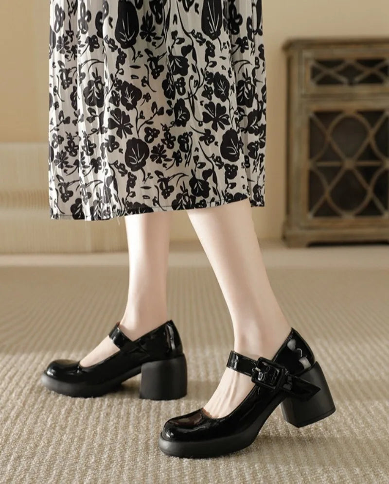 High Heels Word Belt Mary Jane Single Shoes Thick Heel Light Mouth Buckle High Heel Leather Shoes