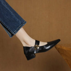 French thick-heeled magic sticker shallow shoes pointed and versatile non-slip small leather shoes