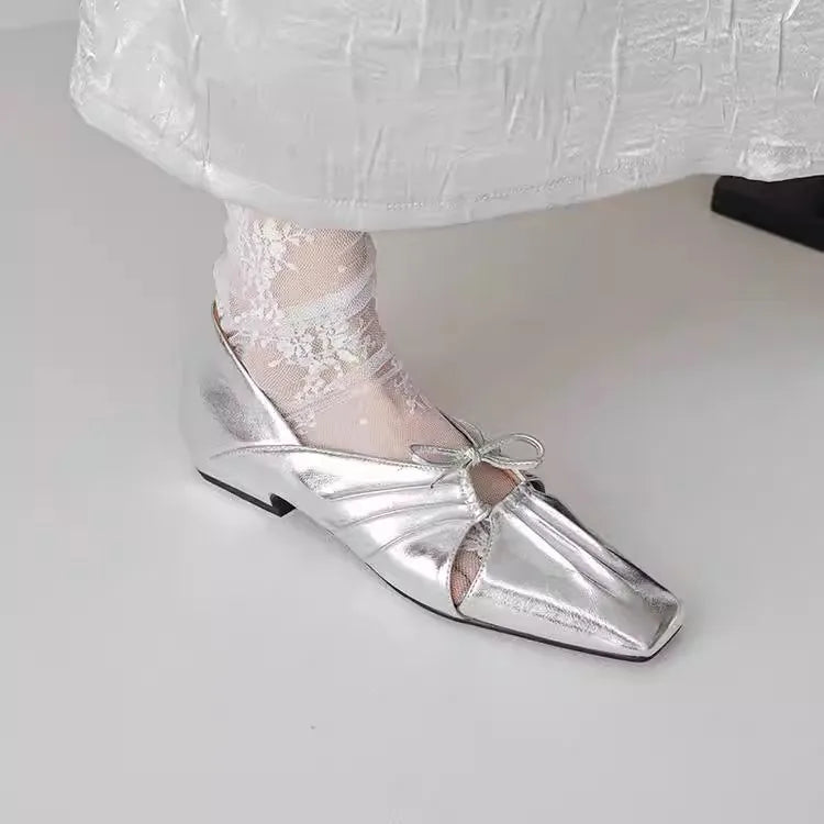 Pleated Hollow Mary Jane Style Shoes with Bow Design Flat Shoes Square Toe Casual Comfortable Outdoors Shoes Fashion