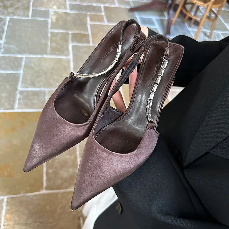 Thin High Heels Sandals Shoes Rhinestones Footwear Pointed Toe Elegant Heeled Sandals Slip On Shoes