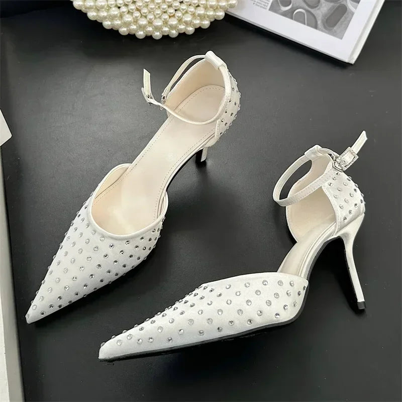 Rhinestone Pointed Toe Thin High Heels Elegant Ankle Strap Buckle Heeled Sandals Banquet