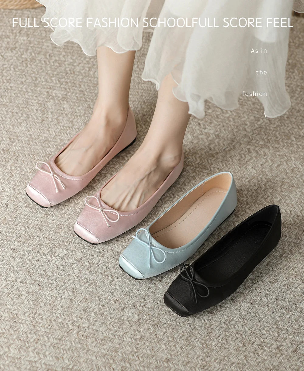 Deliate Bowtie Silk Ballerinas Woman Traf Pig Square Toe Flats Shallow Slip On Moccasins Femme Brides Wedding Shoes Pink Ballets