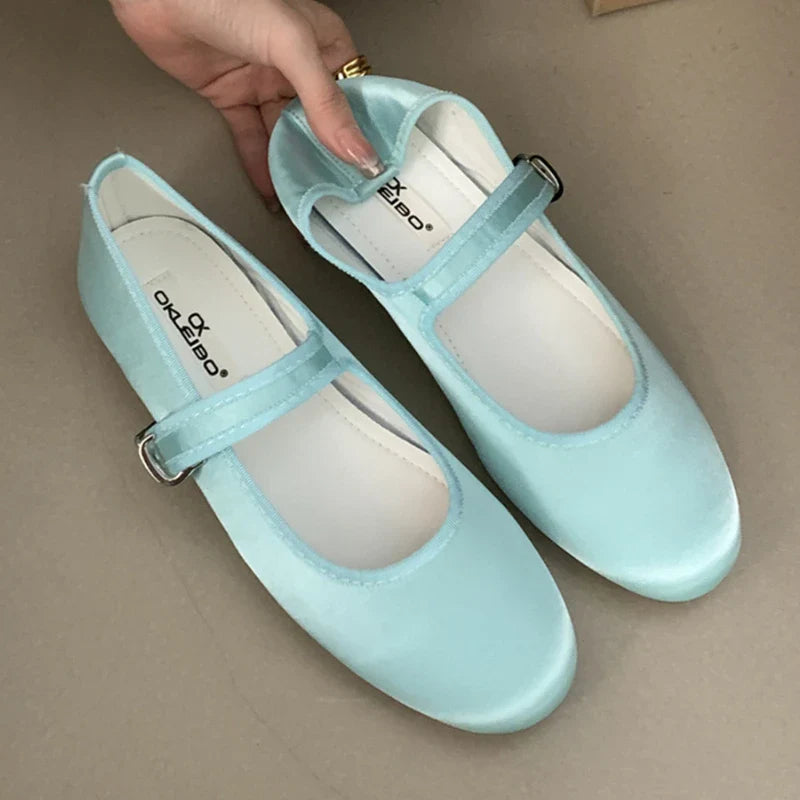 Comfort Satin Soft Sole Mary Jane Shoes Round Toe Shallow Flats Elegant Buckle Prom Ballet Shoes