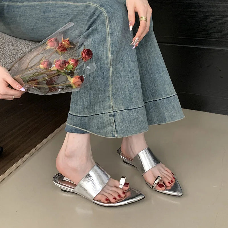 Metal Wedges Slippers Slides Sandals Flip flops Pointed Toe Heeled Slippers Wedges Shoes