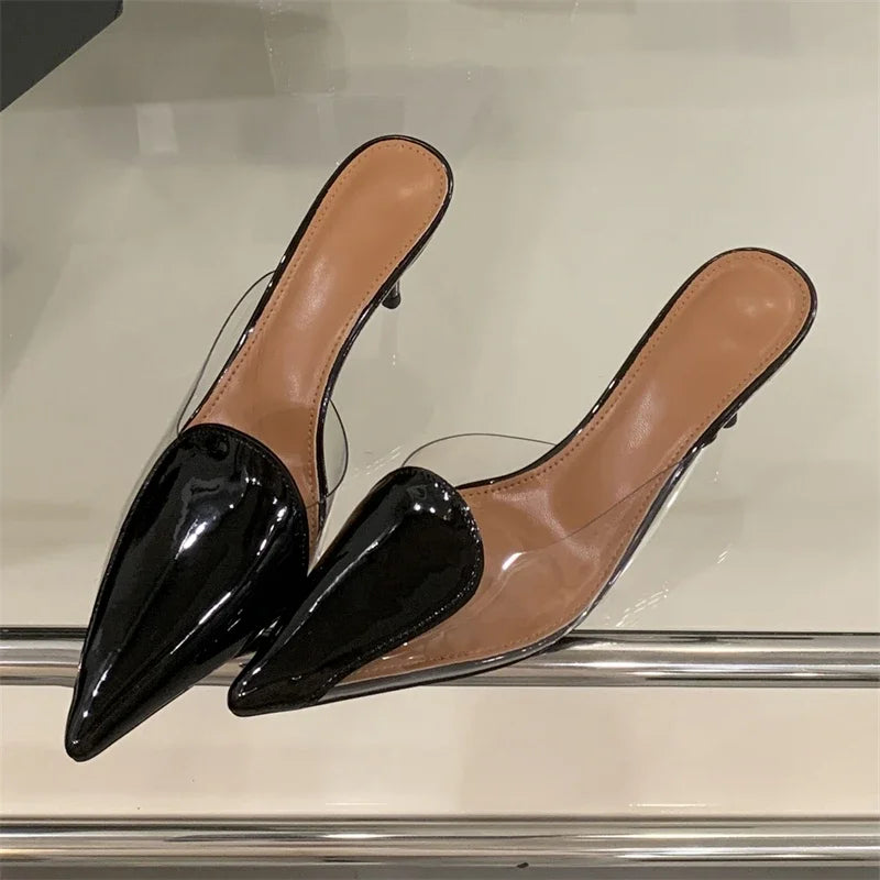 PVC Transparent Thin High Heels Slipper Pointed Toe Stripper Party Mule Slides Shoes Zapatos De Muje