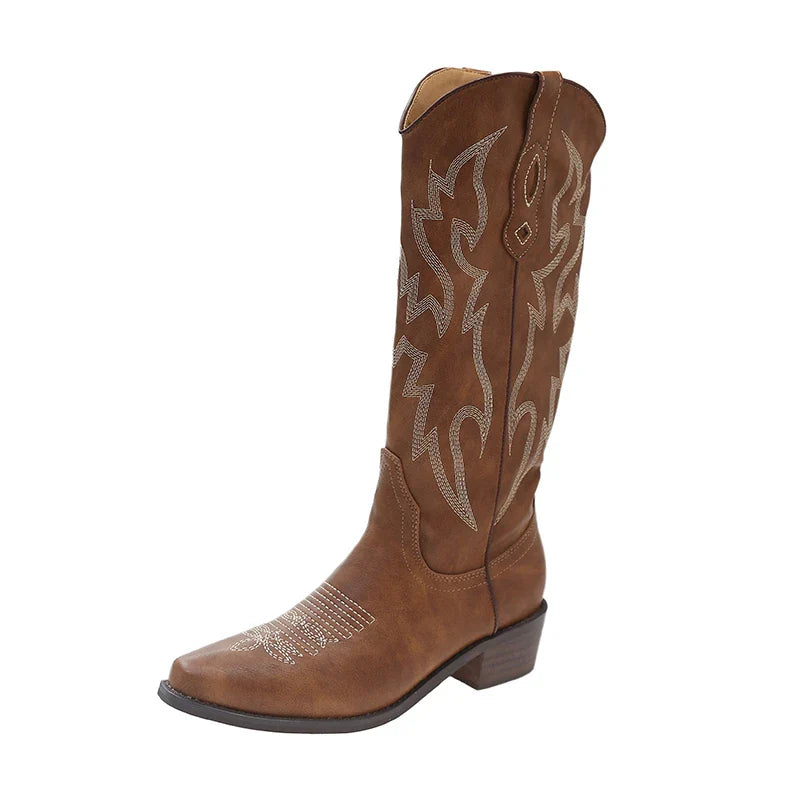 Vintage Western Cowboy Boots Slip On Thick Heel Shoes Embroidery Knight Botas