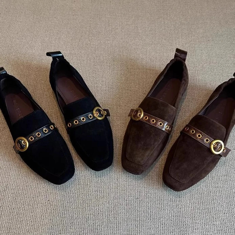 Metal Belt Buckle Design Loafers Retro Suede Square Toe Flats Street Style Comfort Casual Shoe Zapatos Mujer
