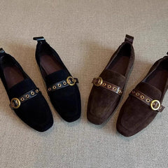Metal Belt Buckle Design Loafers Retro Suede Square Toe Flats Street Style Comfort Casual Shoe Zapatos Mujer