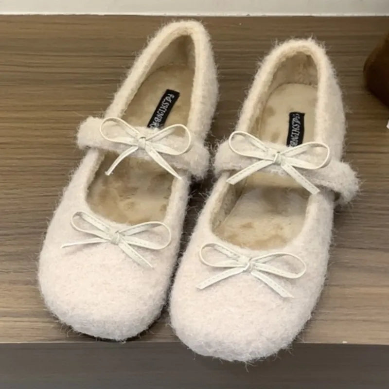 Elegant Purple Fluffy Warm Ballet Flats Fall Bow Design Flat Loafers Comfortable Soft Sole Mary Jane Shoes