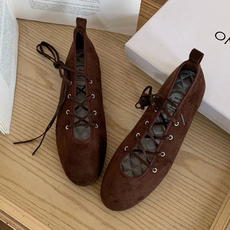 Cross Tied Round Toe Flat Shoes Retro Comfort Shallow Ballet Style Elegant Mary Jane Shoes