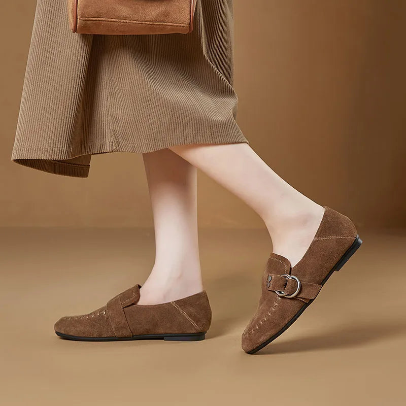 Genuine Leather Flats Metal Buckle-Decorated Suede Loafers Light Comfortable Cow Suede Shoes