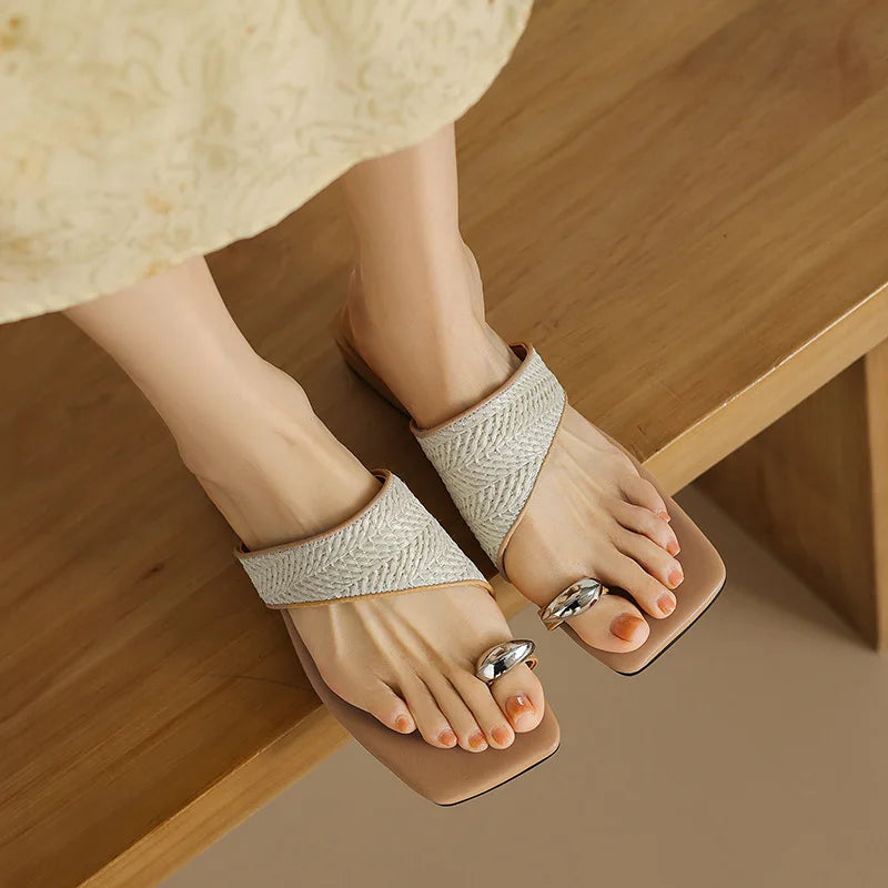 Slippers Casual Beach Shoes Low Slides Square Toe Rubber Flip Flops Sabot Hawaiian Soft PU Rome Fabric Leisure Hoof