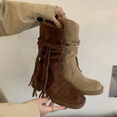 Brown Suede Boots Woman Round Toe Fall Gothic Shoes Chunky Heels Knee High Boots Western Style Shoes