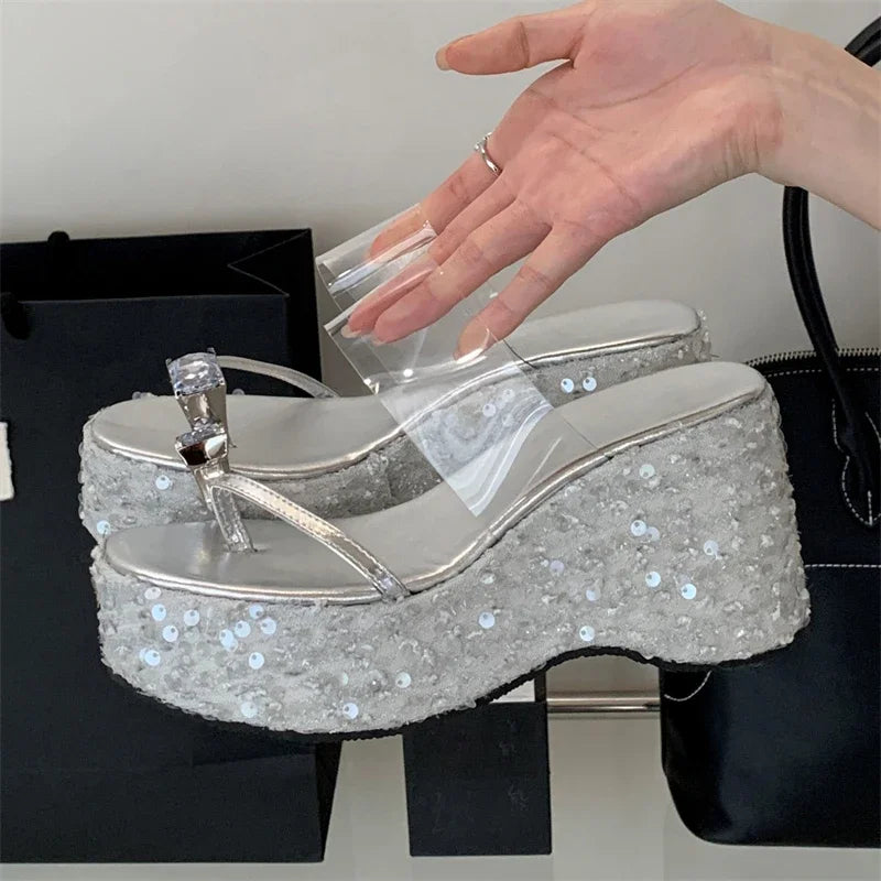 Crystal Sequin Cloth Platform Wedge Slippers Street Style Clip Toe High Heels Banquet Shoes