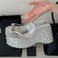 Crystal Sequin Cloth Platform Wedge Slippers Street Style Clip Toe High Heels Banquet Shoes