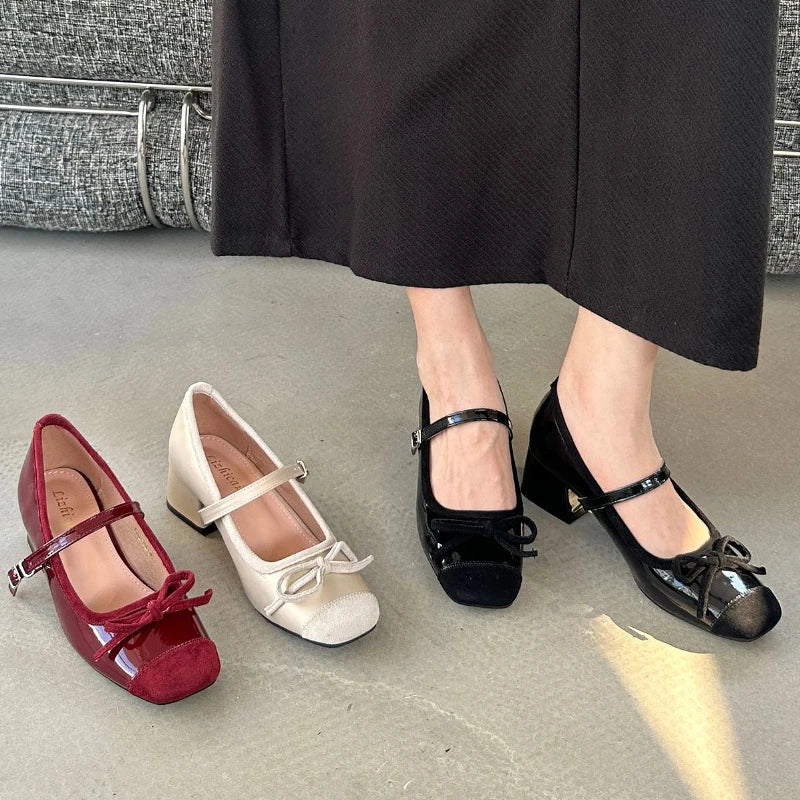 Chunky Mary Jane Shoes Butterfly-knot Elegant Ballet Shoes Retro High Heels Zapatos De Mujer