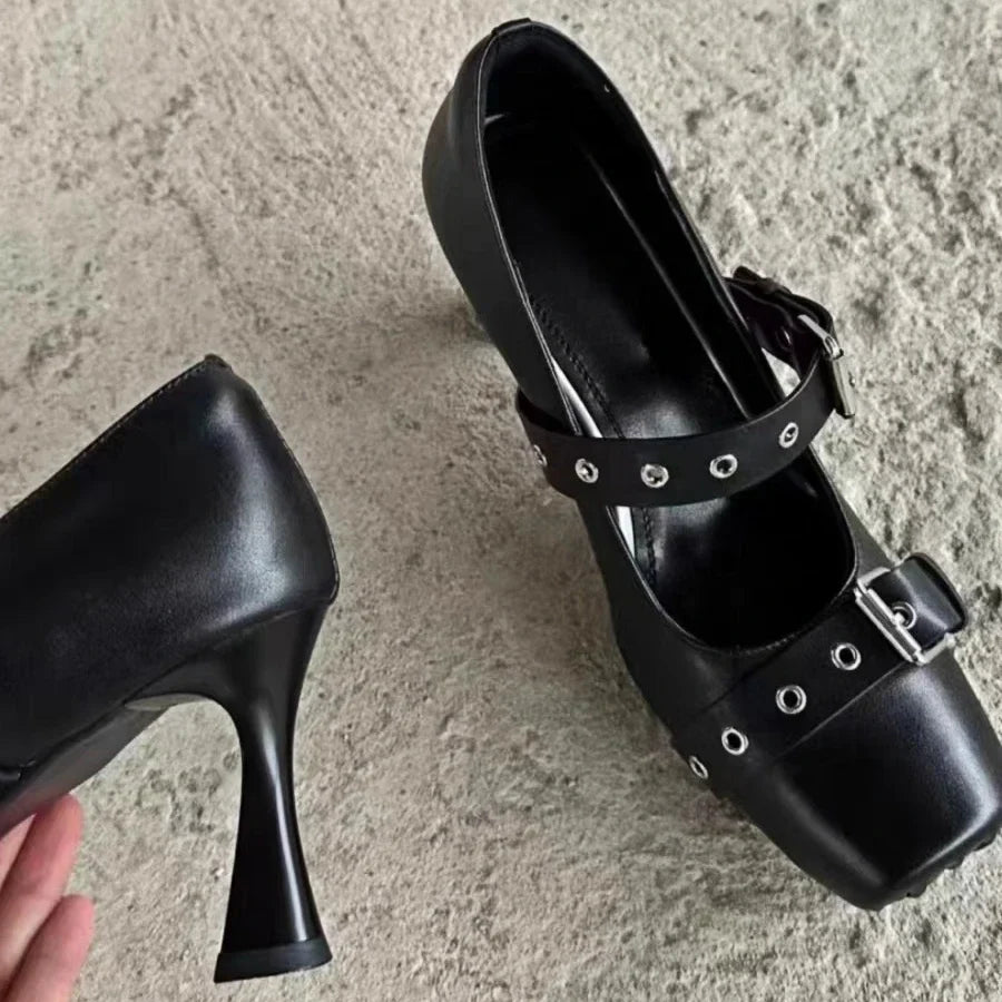 Heeled Ballet Shoes Belt Buckle Casual Chunky Heeled Platform Loafers Square Toe Mary Jane Shoes