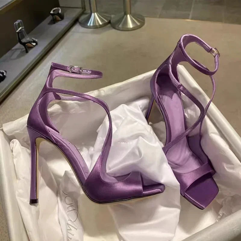 Silk Thin High Heels Brand Banquet Open Toe Cross-tied Elegant Sandals