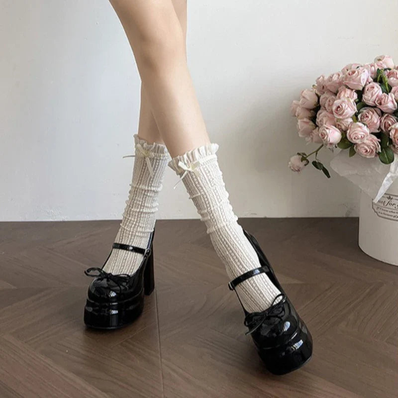 Platform Thick Heel Mary Jane Shoes Butterfly-knot Shoes Outdoor Dress Leather Pumps