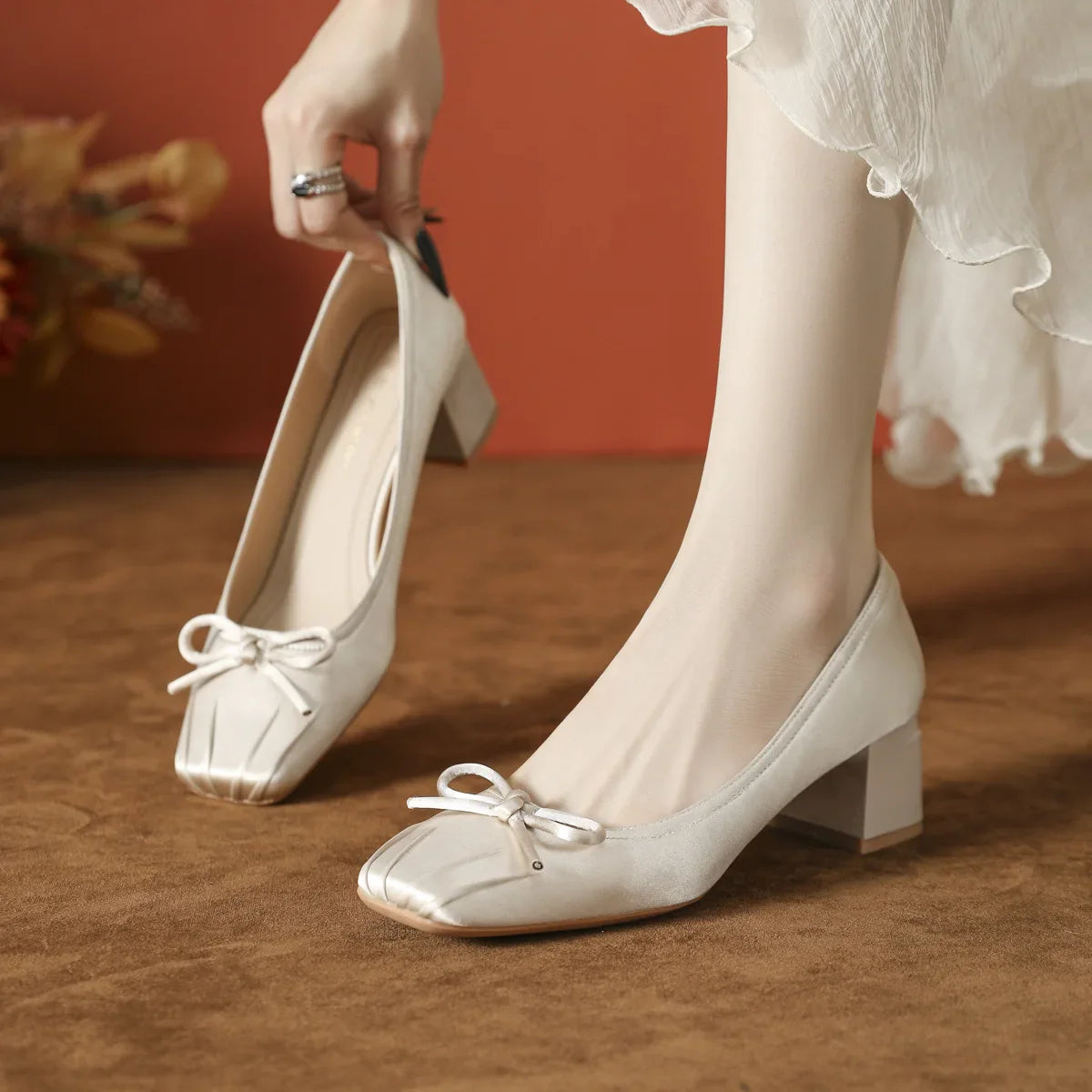 Pumps Butterfly Satin Ballet Shoes Square Head Shallow Mouth Pumps High Heels Thick Heel Not Tired Feet
