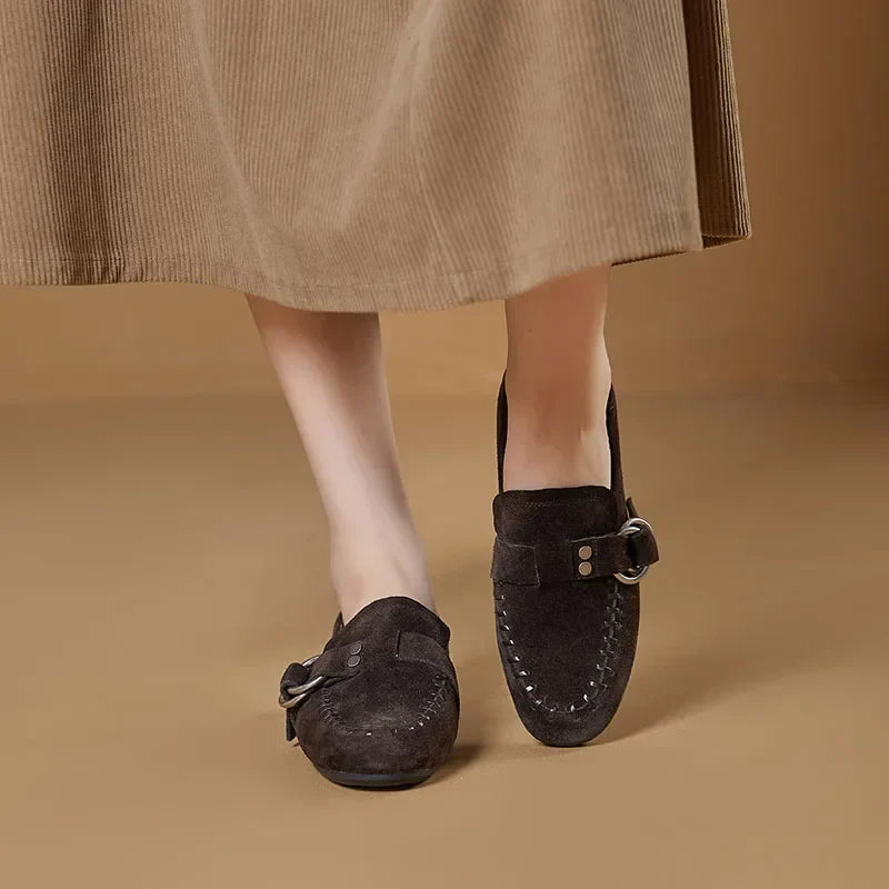 Genuine Leather Flats Metal Buckle-Decorated Suede Loafers Light Comfortable Cow Suede Shoes